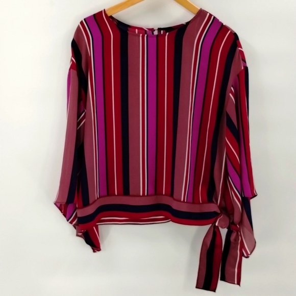 Worthington striped blouse size large maroon pink and tan w tie flutter sleeve - Picture 1 of 12